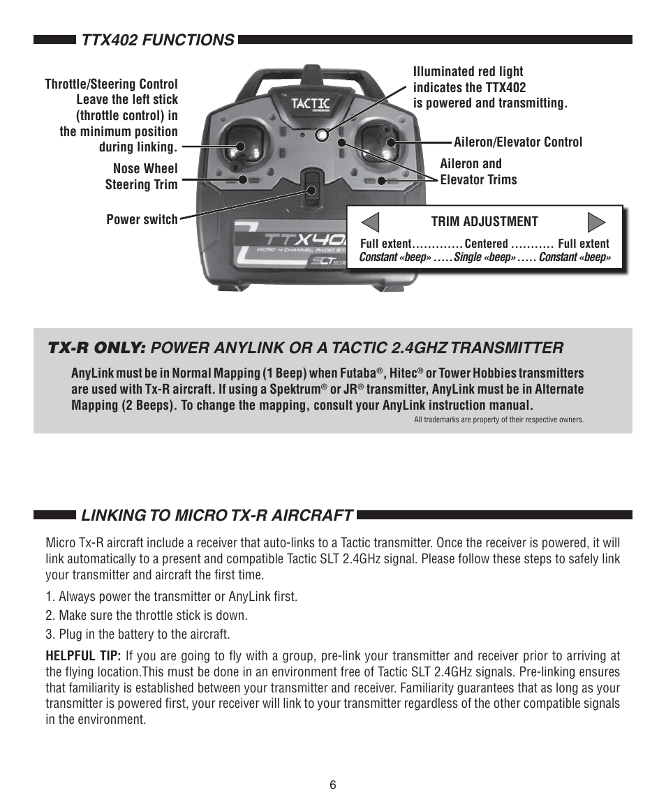 Ttx402 functions linking to micro tx-r aircraft | Flyzone FLZA3330 User Manual | Page 6 / 12