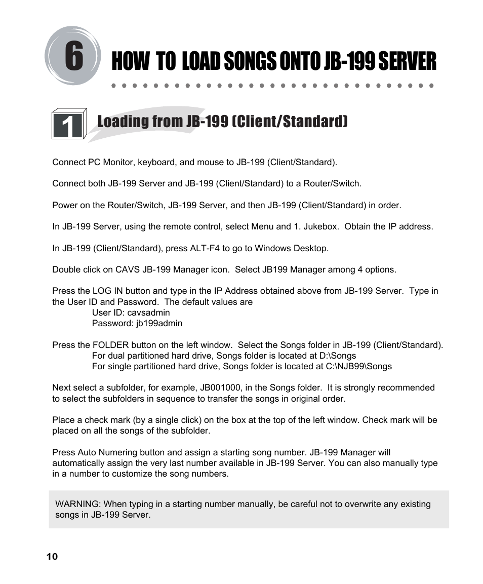 How to load songs onto jb-199 server, Loading from jb-199 (client/standard) | CAVS JB-199 User Manual | Page 11 / 14