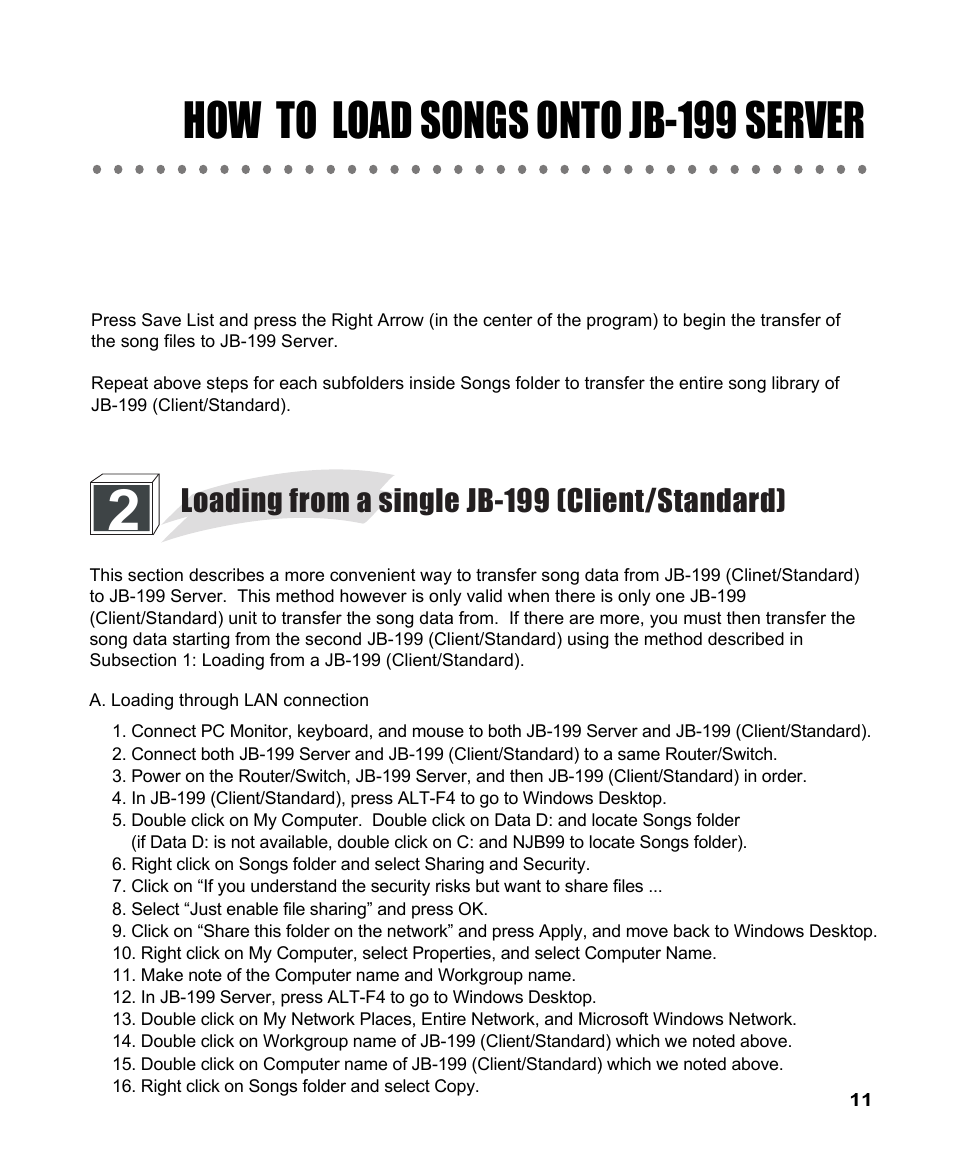 How to load songs onto jb-199 server, Loading from a single jb-199 (client/standard) | CAVS JB-199 User Manual | Page 12 / 14