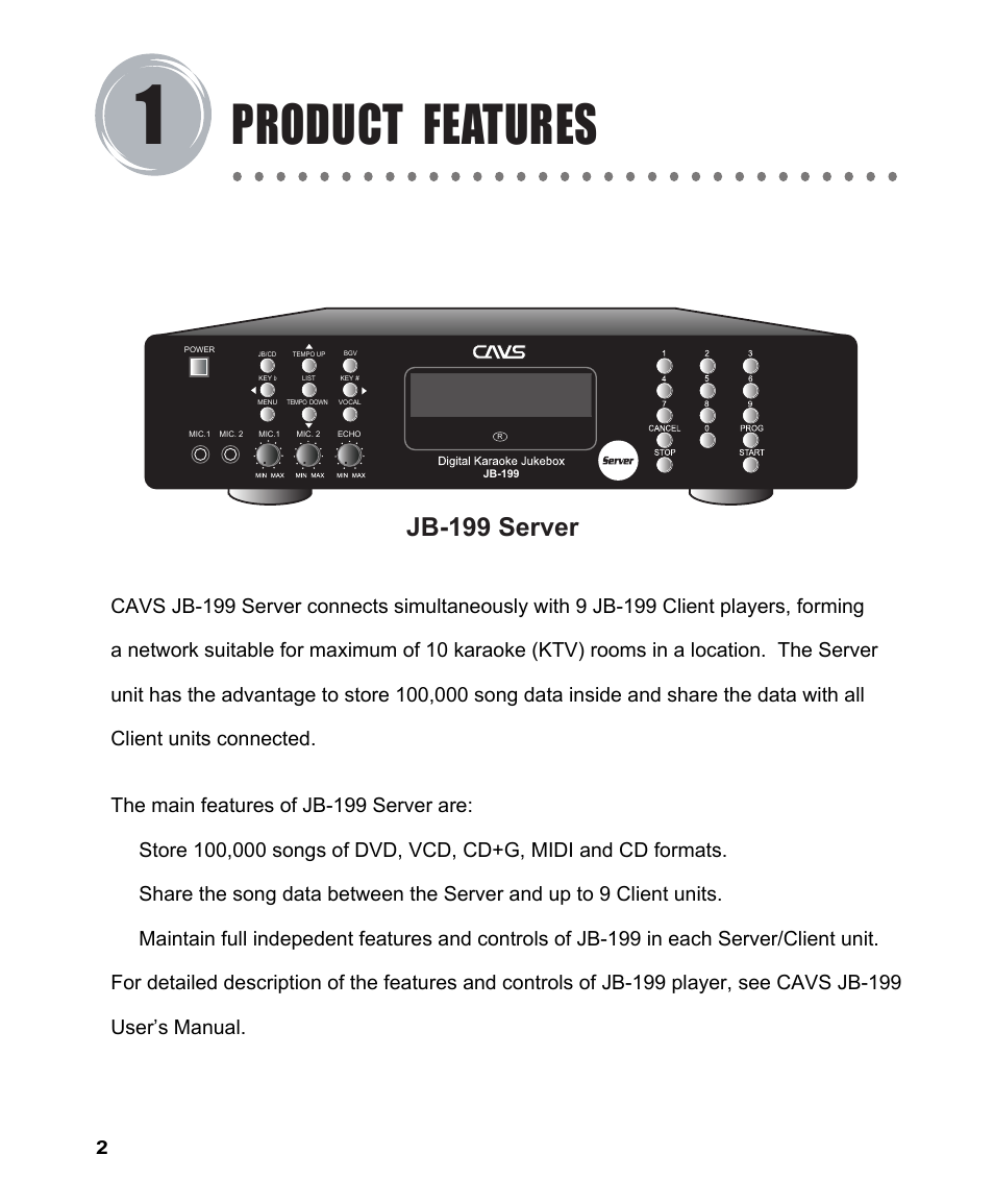 Product features, Jb-199 server | CAVS JB-199 User Manual | Page 3 / 14