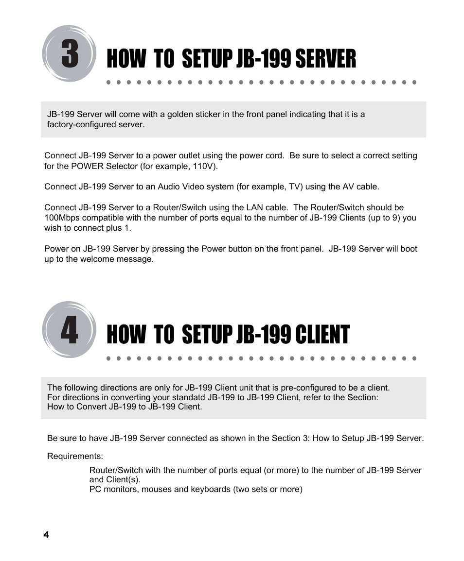 How to setup jb-199 client, How to setup jb-199 server | CAVS JB-199 User Manual | Page 5 / 14