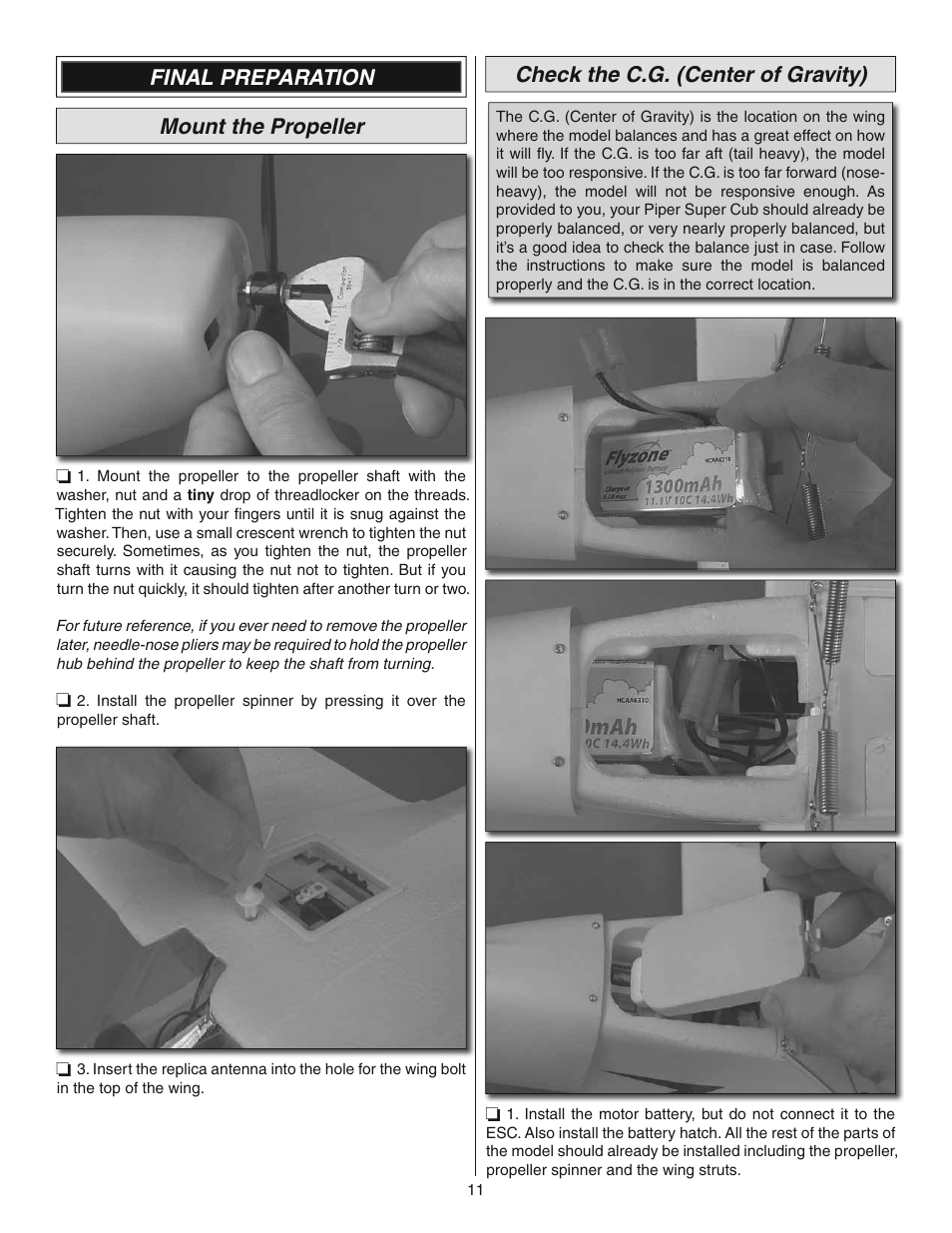 Final preparation mount the propeller, Check the c.g. (center of gravity) | Flyzone FLZA4010 User Manual | Page 11 / 16