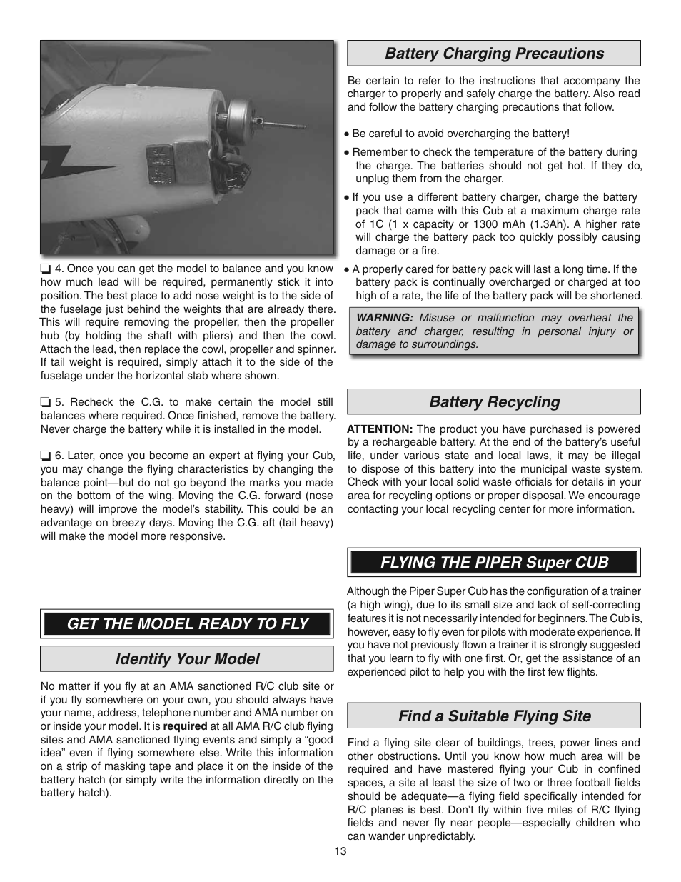 Get the model ready to fly identify your model, Battery charging precautions, Battery recycling | Flying the piper super cub, Find a suitable flying site | Flyzone FLZA4010 User Manual | Page 13 / 16