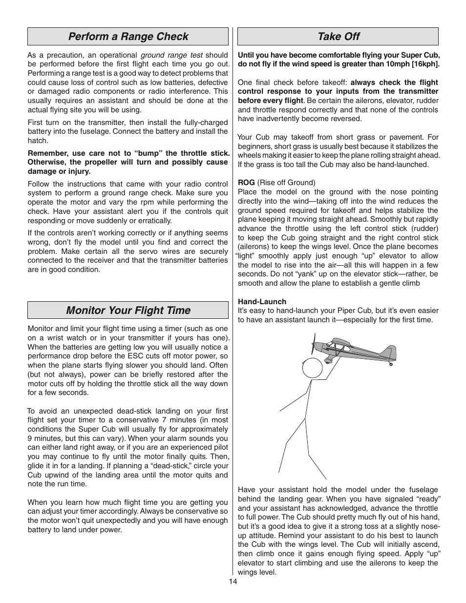 Perform a range check, Monitor your flight time, Take off | Flyzone FLZA4010 User Manual | Page 14 / 16