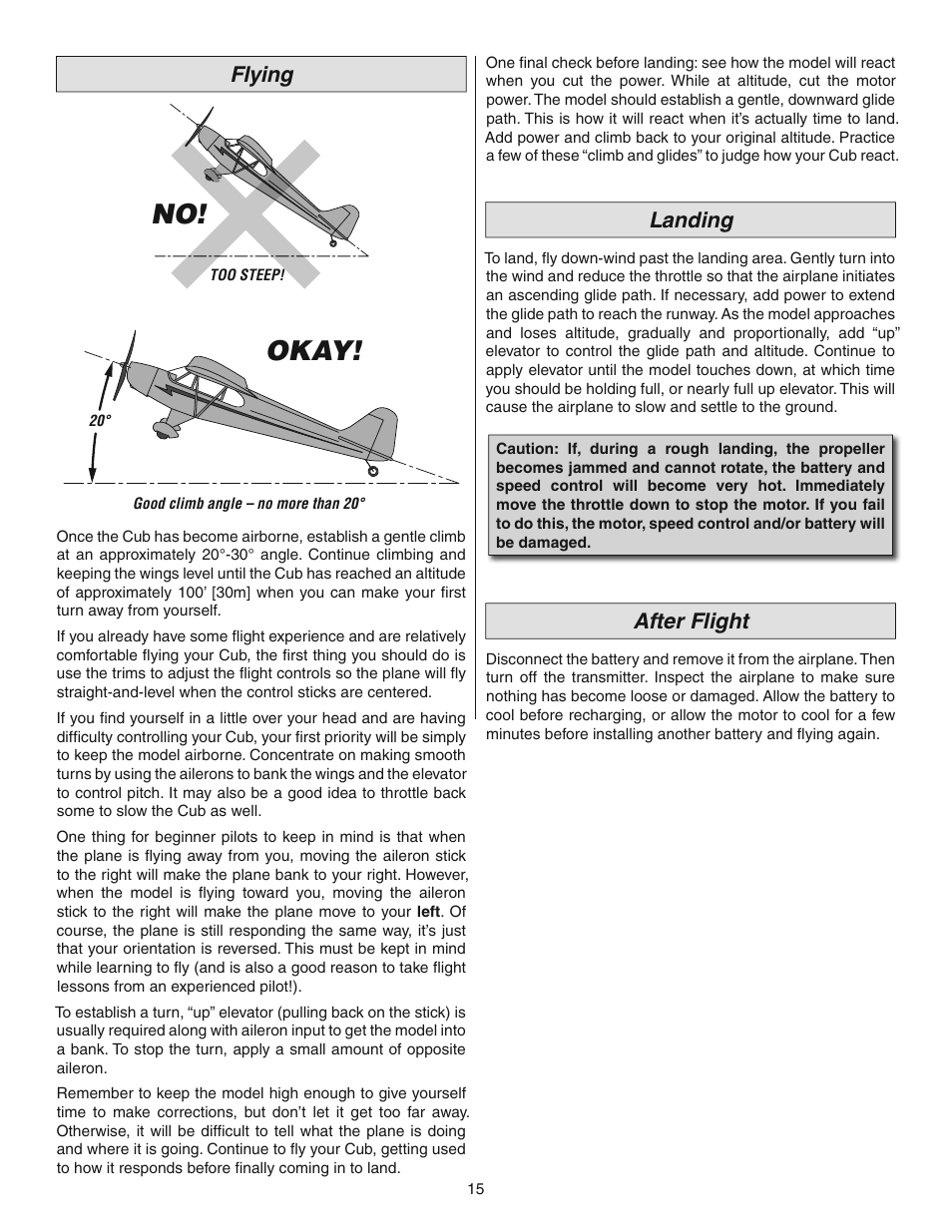 No! okay, Flying, Landing | After flight | Flyzone FLZA4010 User Manual | Page 15 / 16