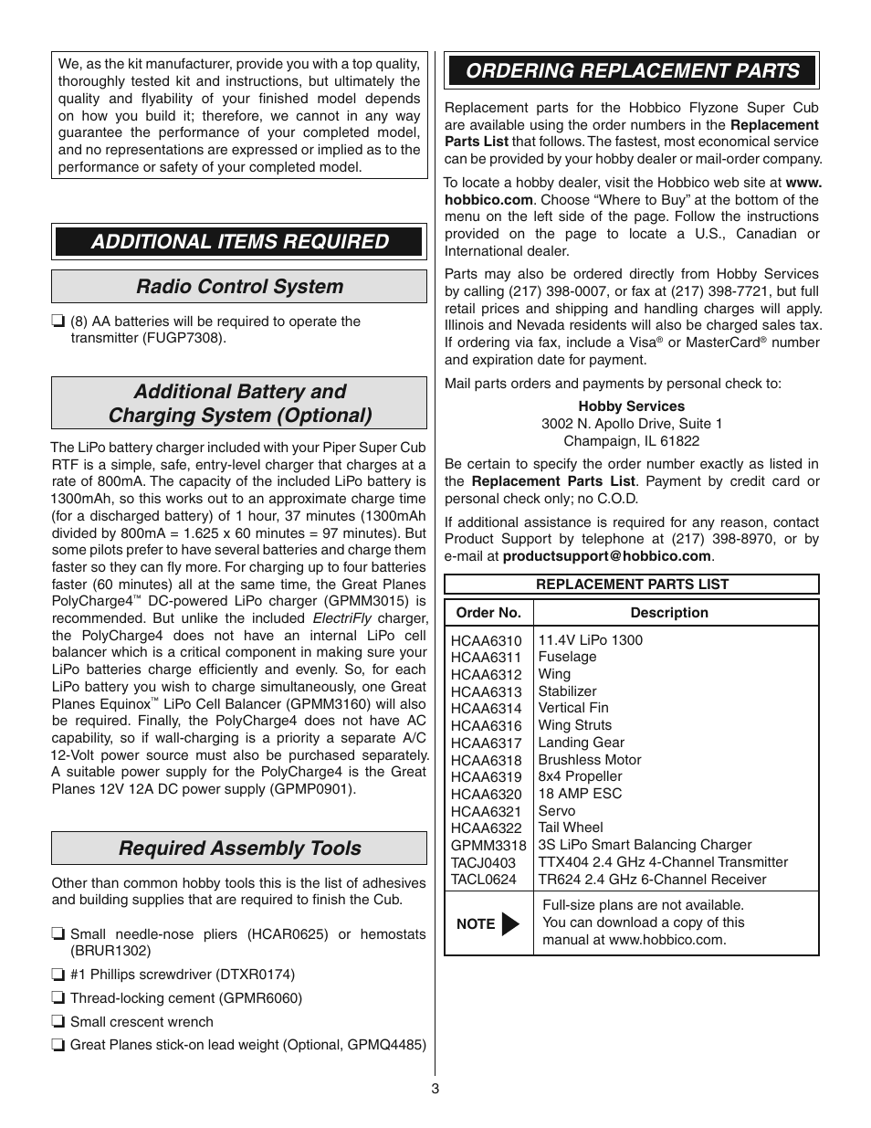 Additional items required radio control system, Additional battery and charging system (optional), Required assembly tools | Ordering replacement parts | Flyzone FLZA4010 User Manual | Page 3 / 16