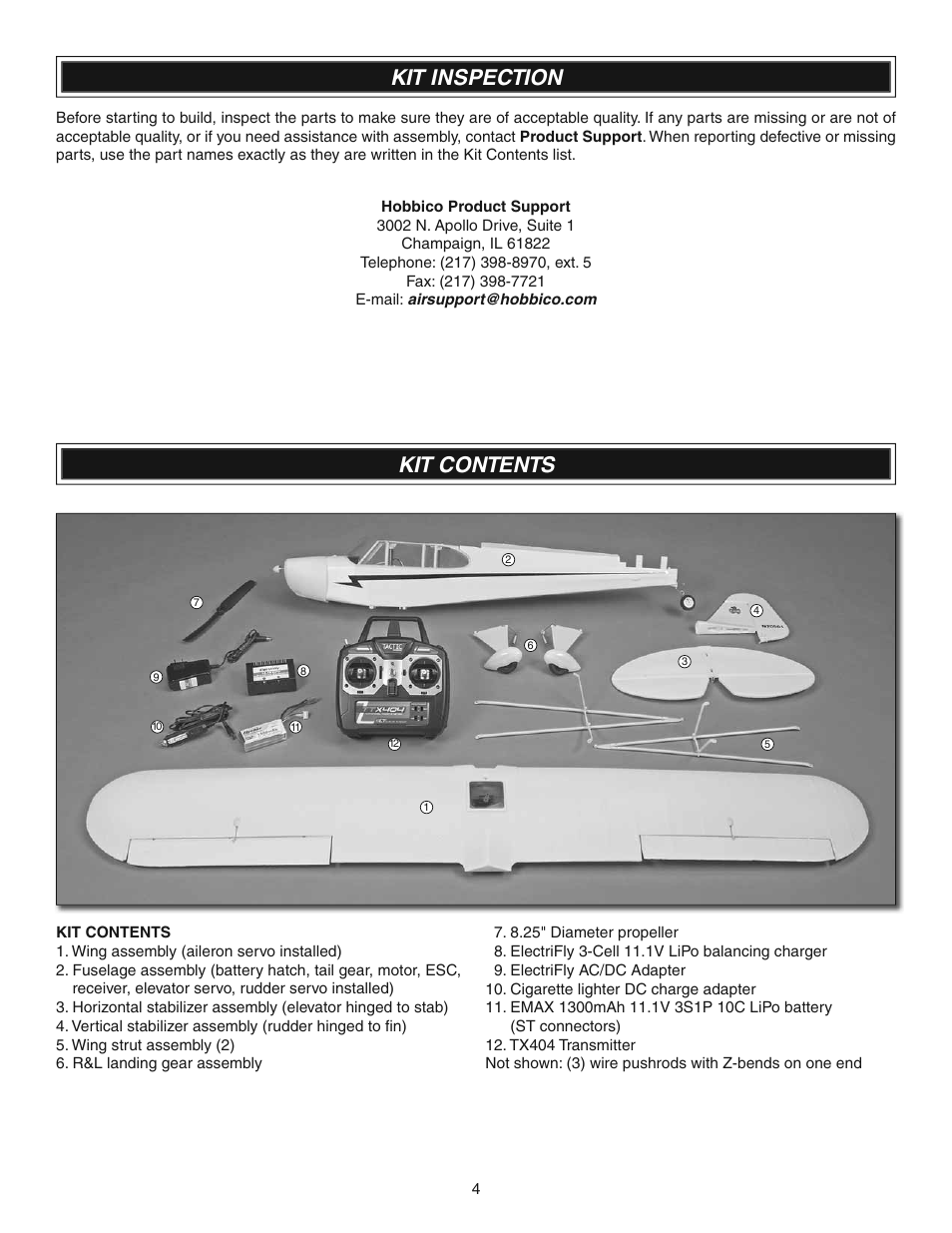 Kit contents, Kit inspection | Flyzone FLZA4010 User Manual | Page 4 / 16