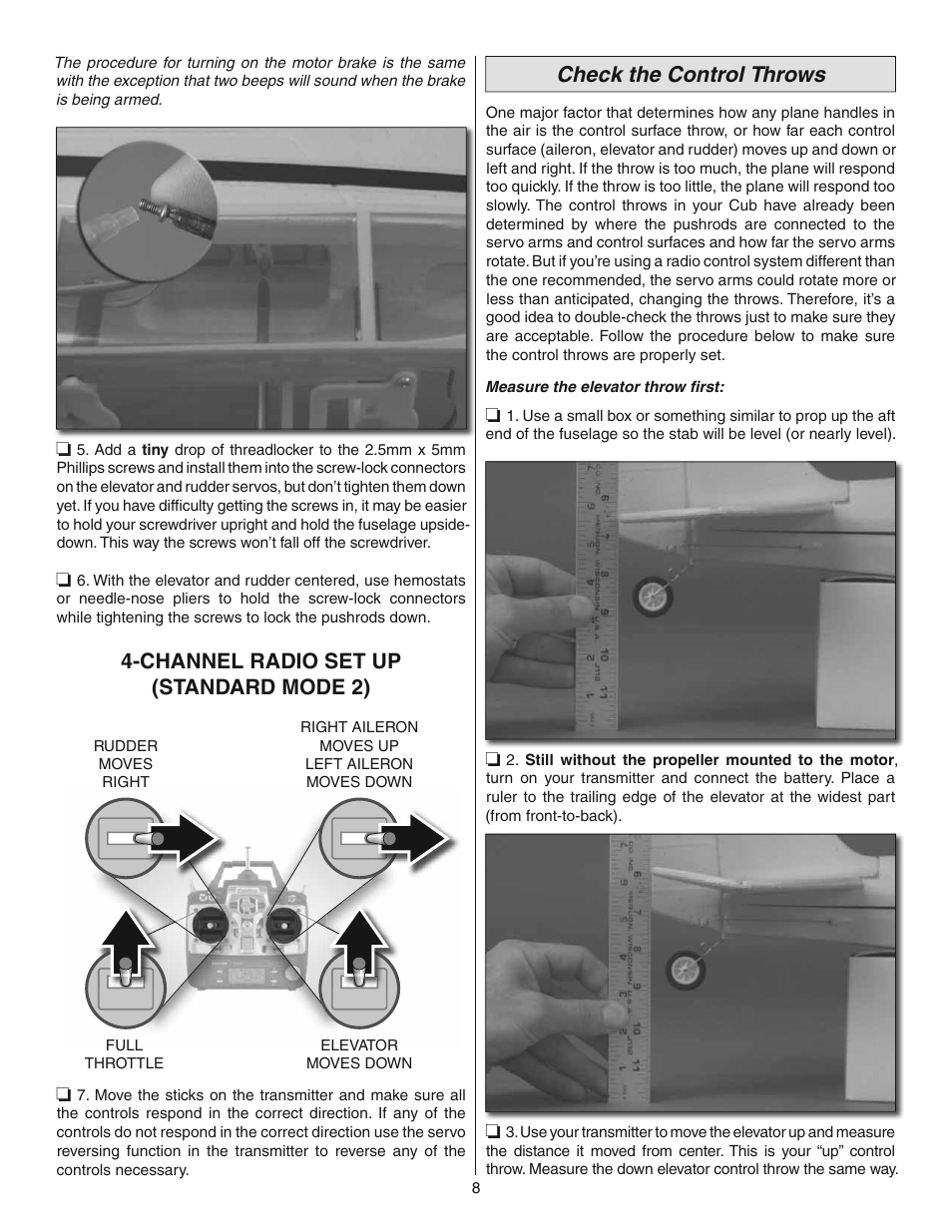 Channel radio set up (standard mode 2), Check the control throws | Flyzone FLZA4010 User Manual | Page 8 / 16
