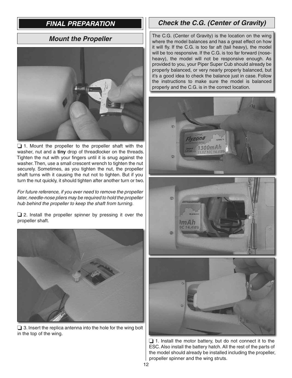 Final preparation mount the propeller, Check the c.g. (center of gravity) | Flyzone FLZA4014 User Manual | Page 12 / 16