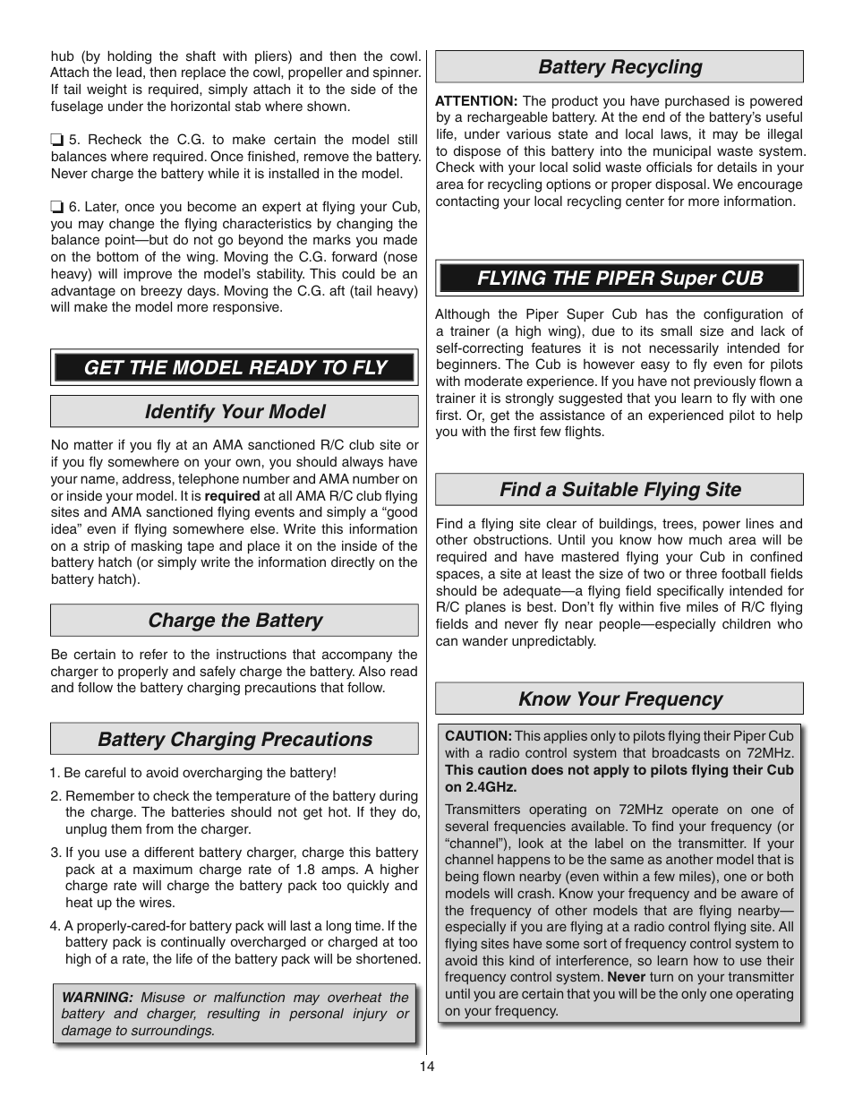 Get the model ready to fly identify your model, Charge the battery, Battery charging precautions | Battery recycling, Flying the piper super cub, Find a suitable flying site, Know your frequency | Flyzone FLZA4014 User Manual | Page 14 / 16