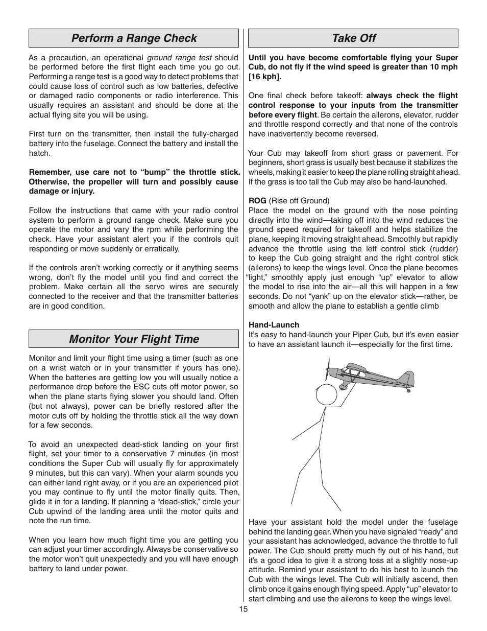 Perform a range check, Monitor your flight time, Take off | Flyzone FLZA4014 User Manual | Page 15 / 16