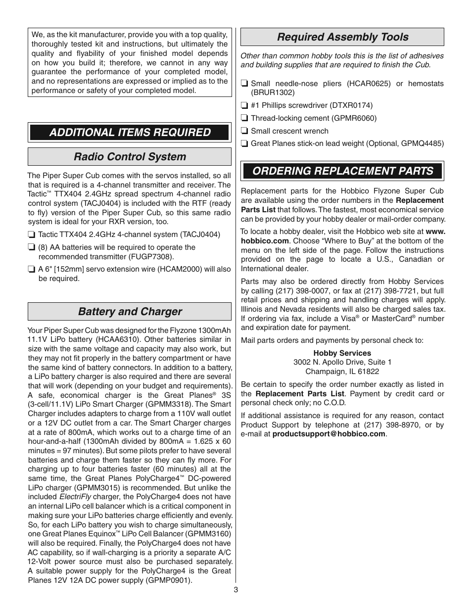 Additional items required radio control system, Battery and charger, Required assembly tools | Ordering replacement parts | Flyzone FLZA4014 User Manual | Page 3 / 16