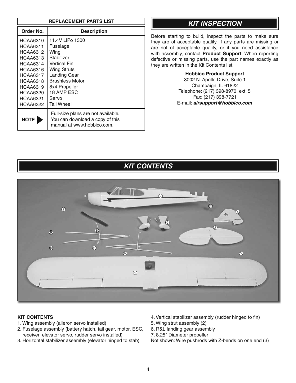 Kit inspection, Kit contents | Flyzone FLZA4014 User Manual | Page 4 / 16