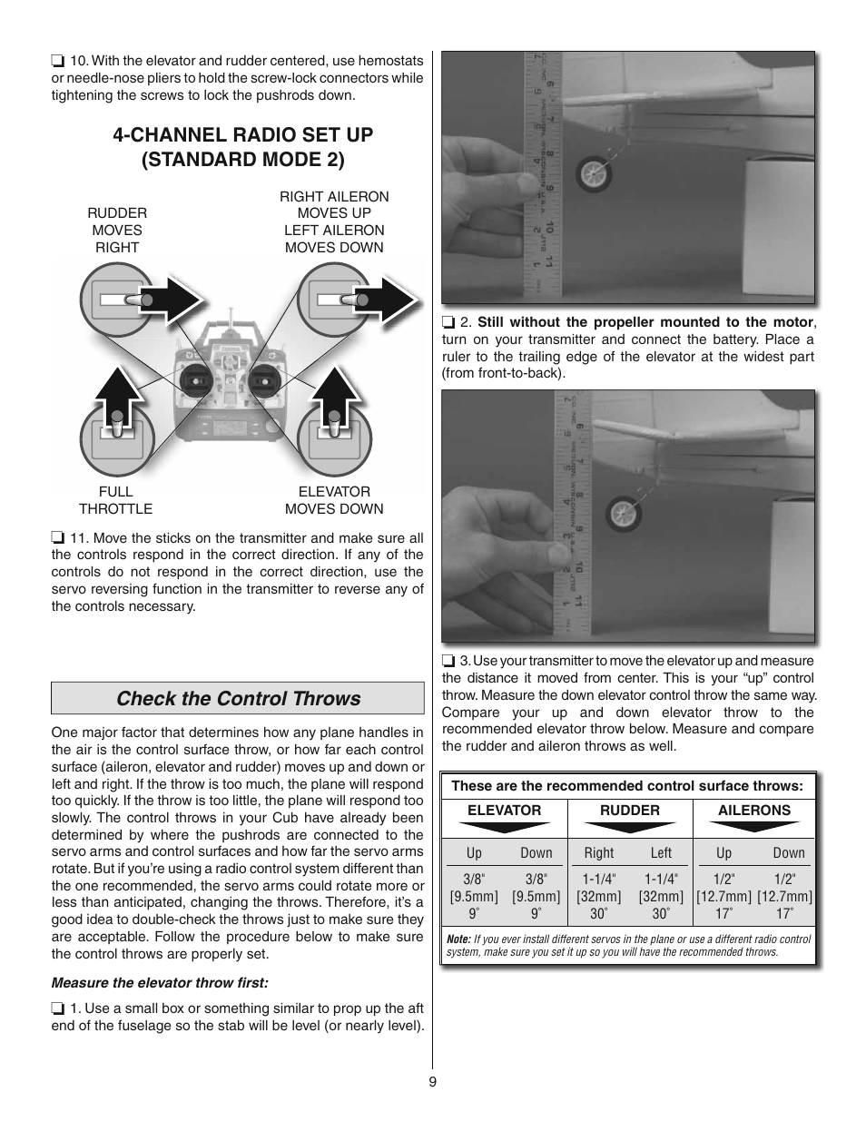 Channel radio set up (standard mode 2), Check the control throws | Flyzone FLZA4014 User Manual | Page 9 / 16