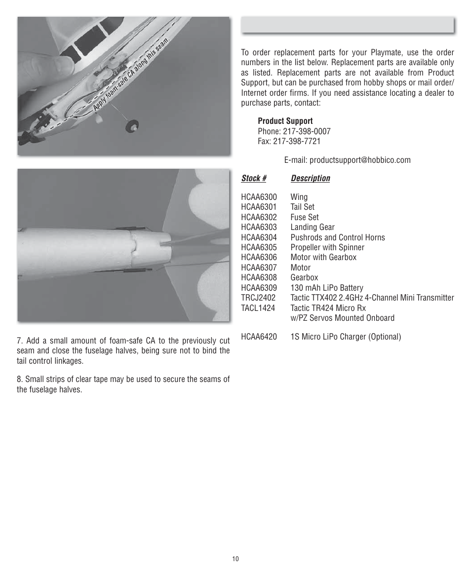 Replacement parts list | Flyzone FLZA2000 User Manual | Page 10 / 12