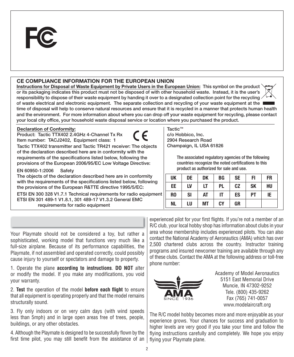 Precautions, Fcc requirement | Flyzone FLZA2000 User Manual | Page 2 / 12