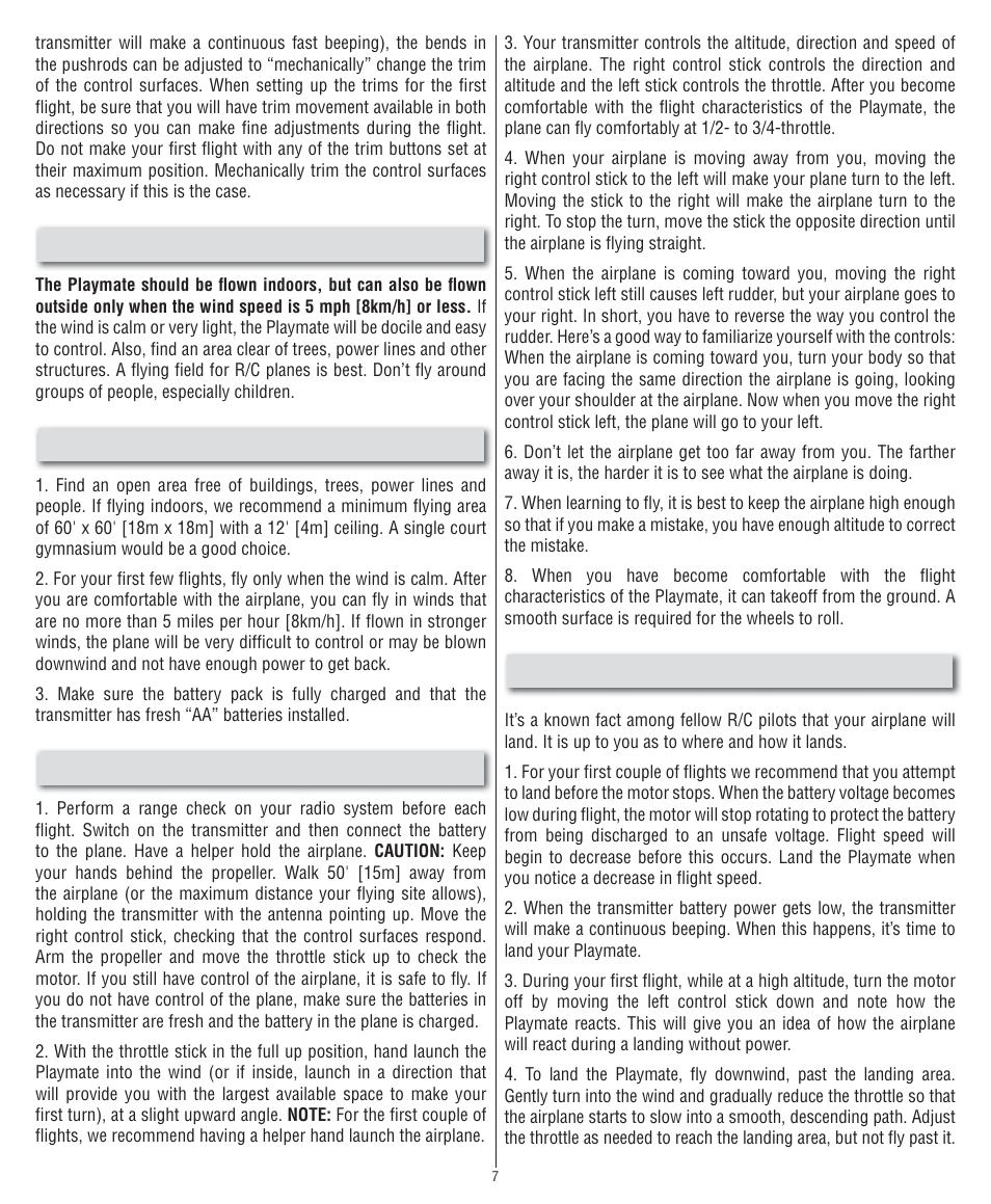 Choose a good flying site, Prepare for takeoff, Flying the playmate | Landing the playmate | Flyzone FLZA2000 User Manual | Page 7 / 12