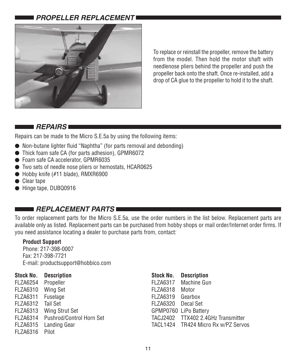 Repairs, Replacement parts, Propeller replacement | Flyzone FLZA2052 User Manual | Page 11 / 12