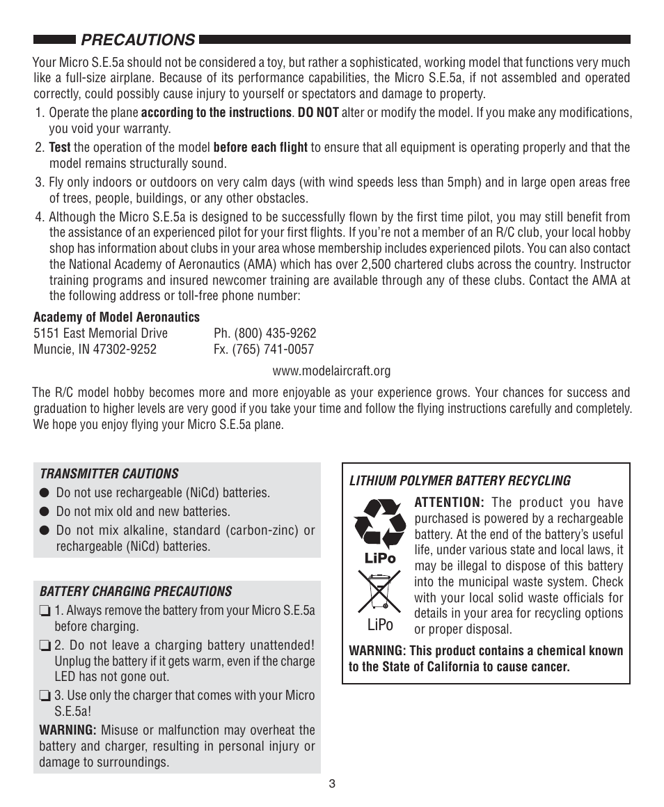 Lipo, Precautions | Flyzone FLZA2052 User Manual | Page 3 / 12