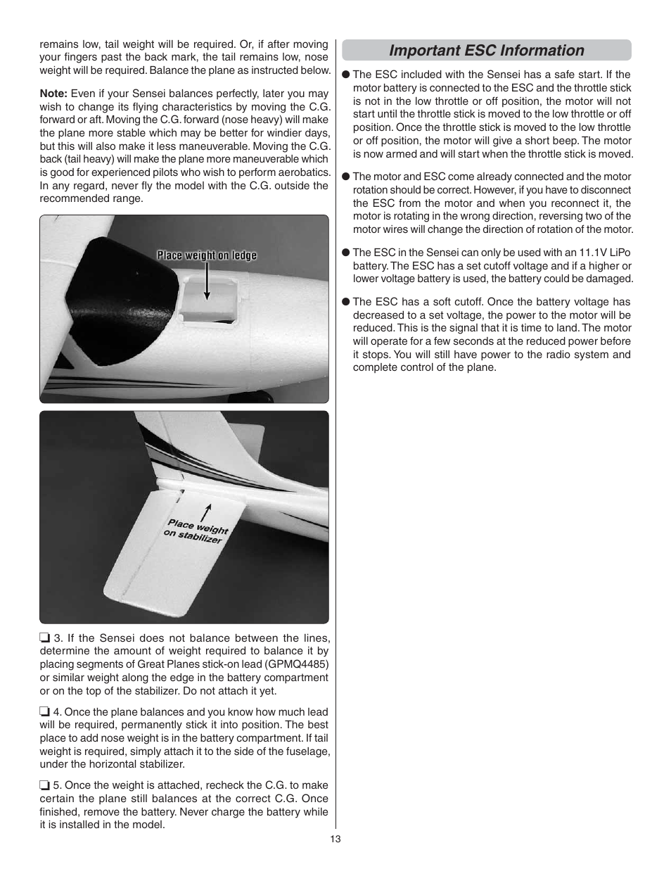 Important esc information | Flyzone FLZA3014 User Manual | Page 13 / 24