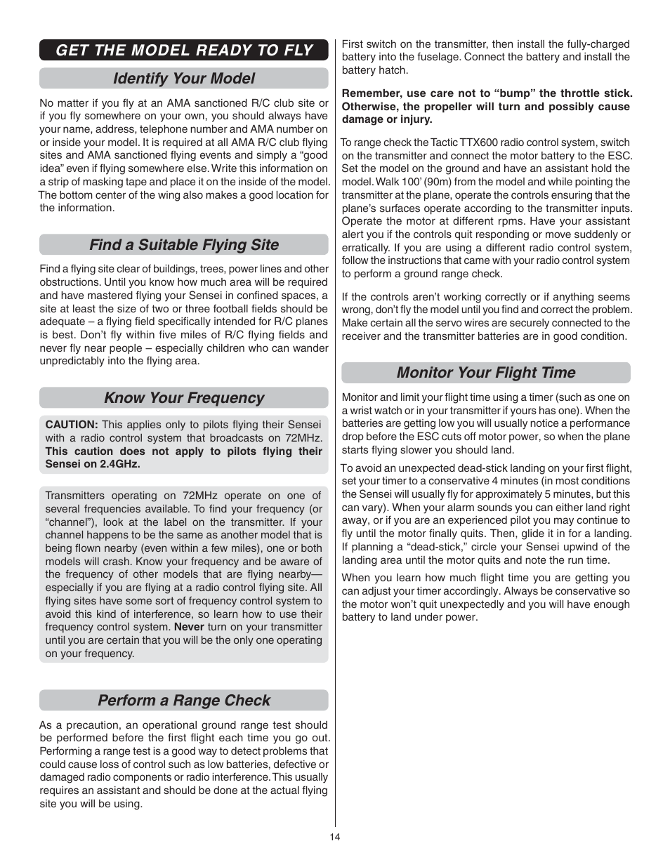 Get the model ready to fly identify your model, Find a suitable flying site, Know your frequency | Perform a range check, Monitor your flight time | Flyzone FLZA3014 User Manual | Page 14 / 24