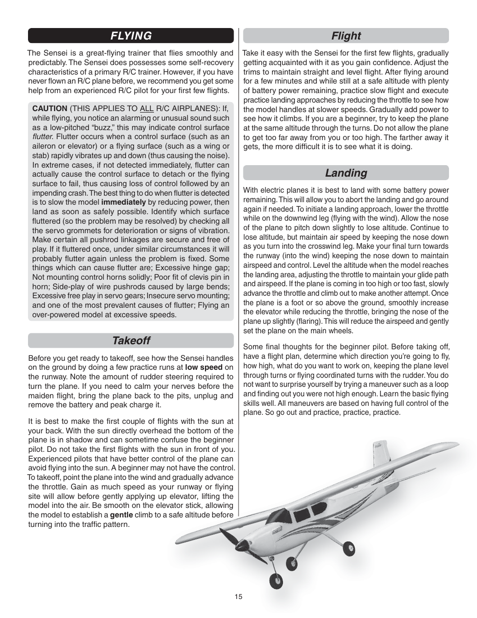 Flying, Takeoff, Flight | Landing | Flyzone FLZA3014 User Manual | Page 15 / 24