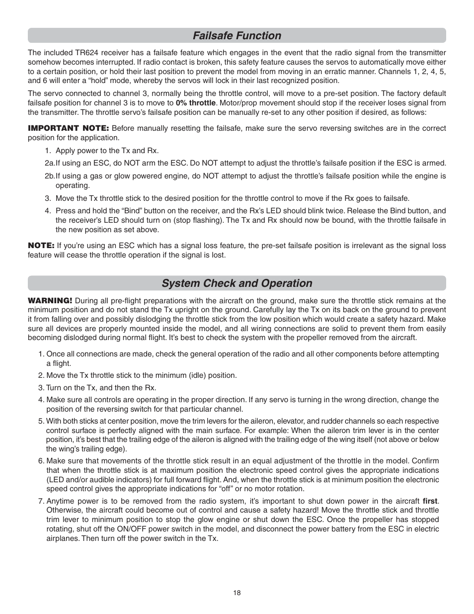 Failsafe function, System check and operation | Flyzone FLZA3014 User Manual | Page 18 / 24