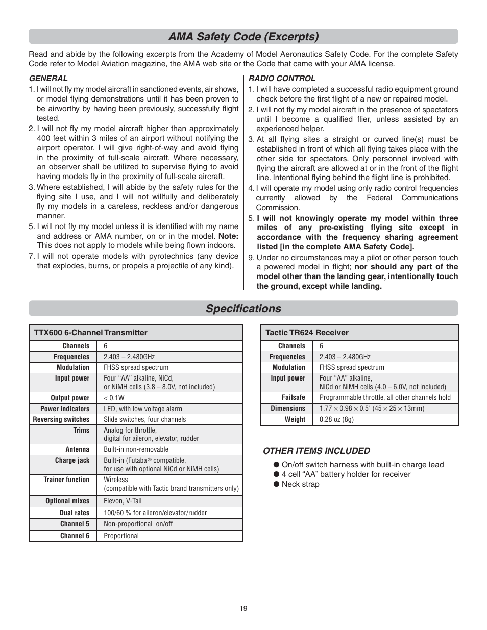 Ama safety code (excerpts), Specifi cations | Flyzone FLZA3014 User Manual | Page 19 / 24