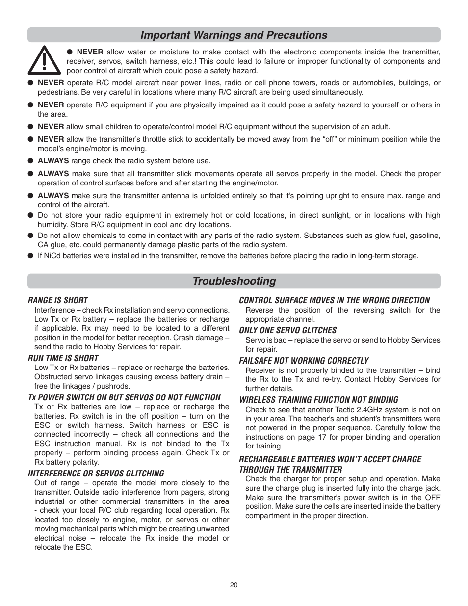Important warnings and precautions, Troubleshooting | Flyzone FLZA3014 User Manual | Page 20 / 24