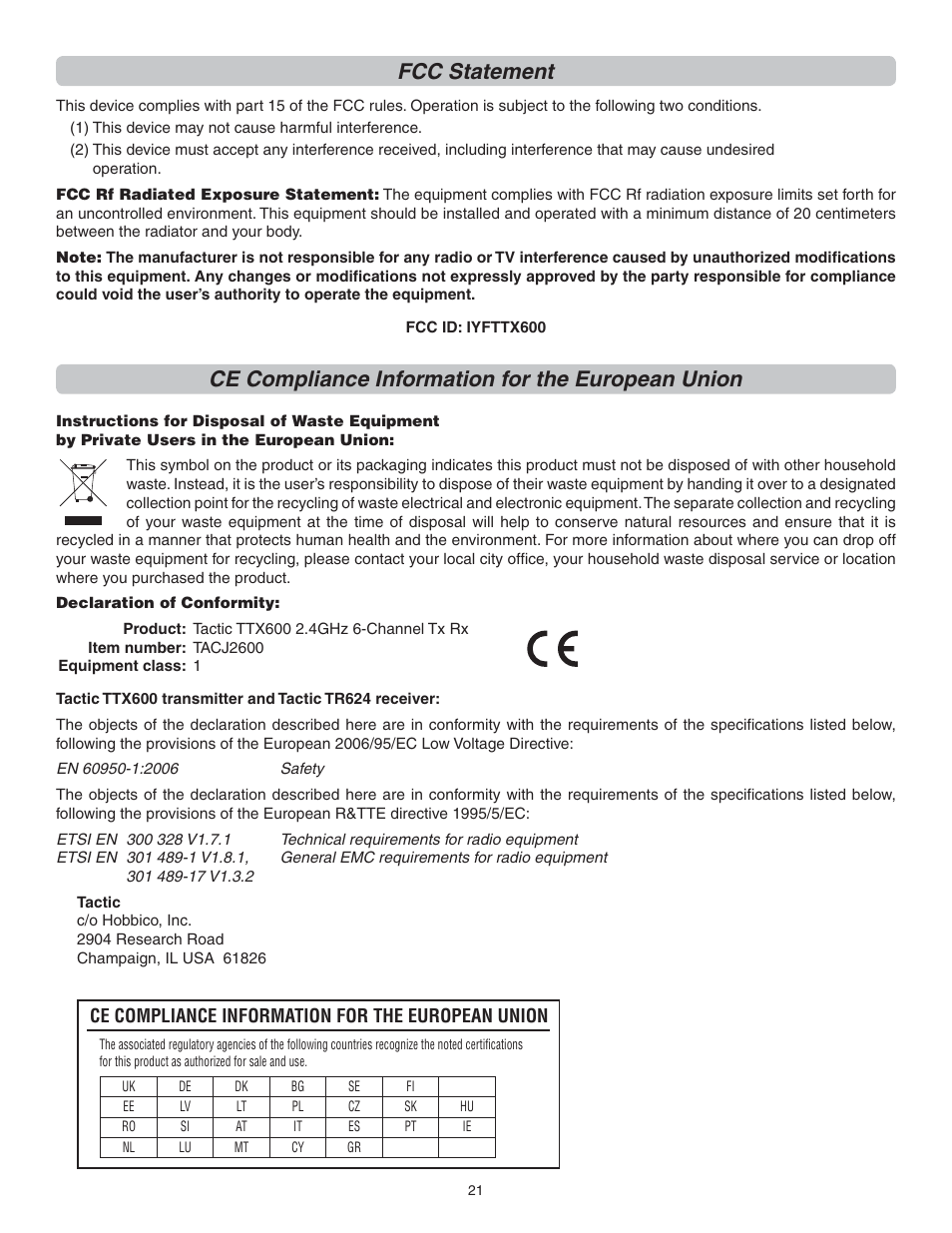 Fcc statement, Ce compliance information for the european union | Flyzone FLZA3014 User Manual | Page 21 / 24