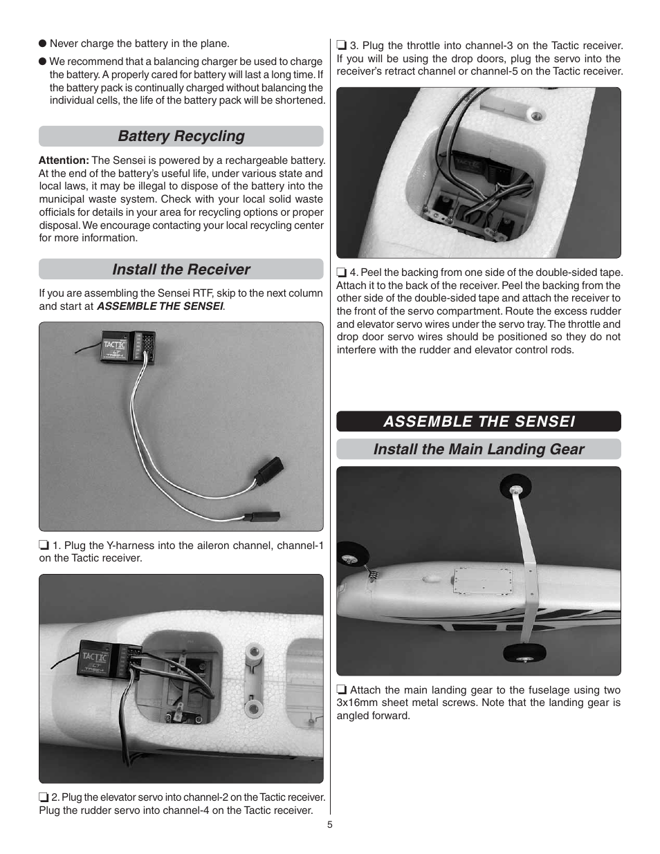 Battery recycling, Install the receiver, Assemble the sensei install the main landing gear | Flyzone FLZA3014 User Manual | Page 5 / 24