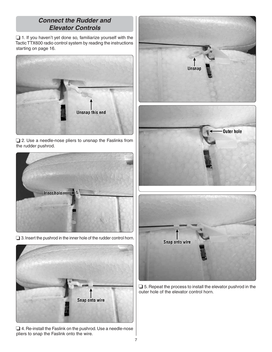 Connect the rudder and elevator controls | Flyzone FLZA3014 User Manual | Page 7 / 24