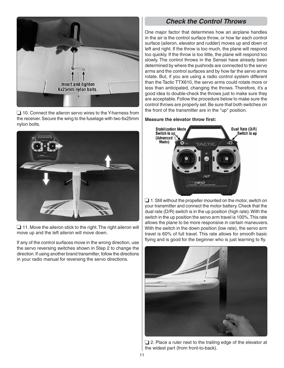 Check the control throws | Flyzone FLZA3034 User Manual | Page 11 / 20