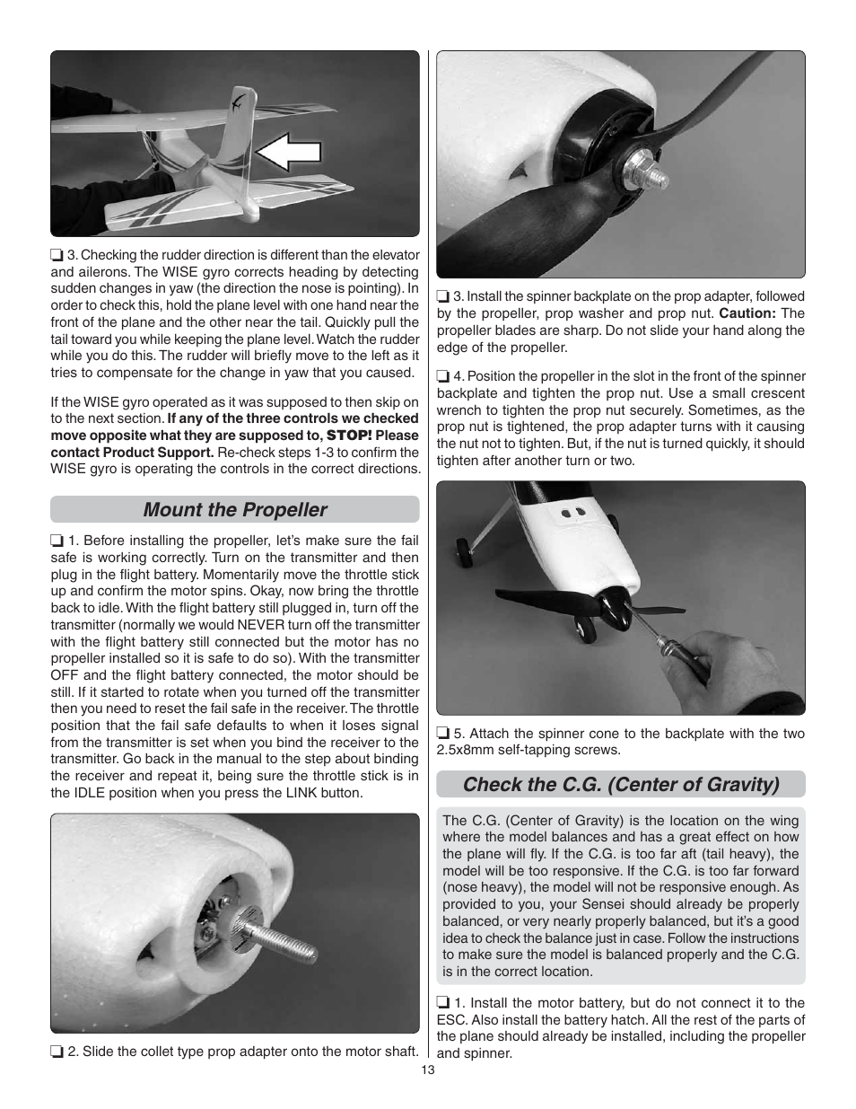 Mount the propeller, Check the c.g. (center of gravity) | Flyzone FLZA3034 User Manual | Page 13 / 20