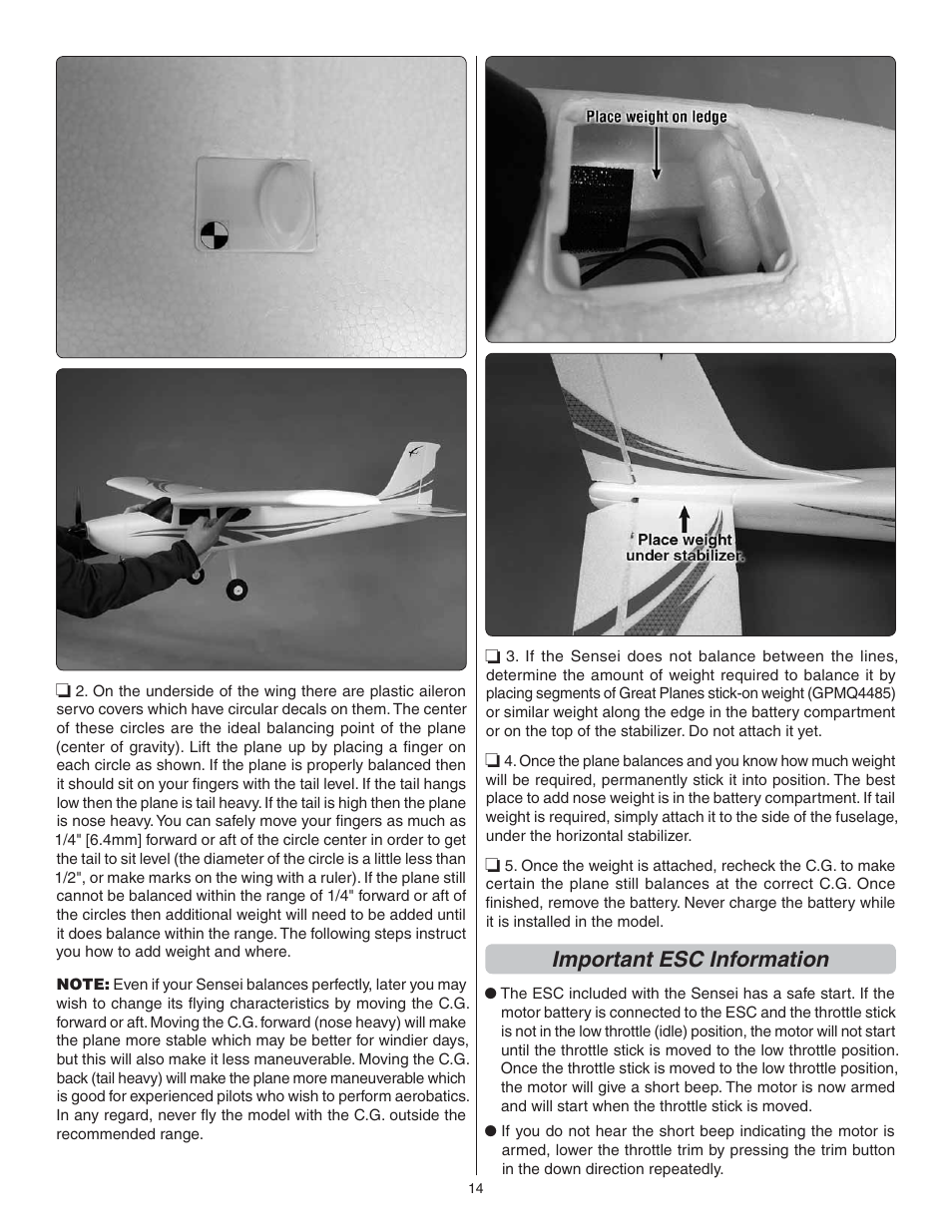 Important esc information | Flyzone FLZA3034 User Manual | Page 14 / 20