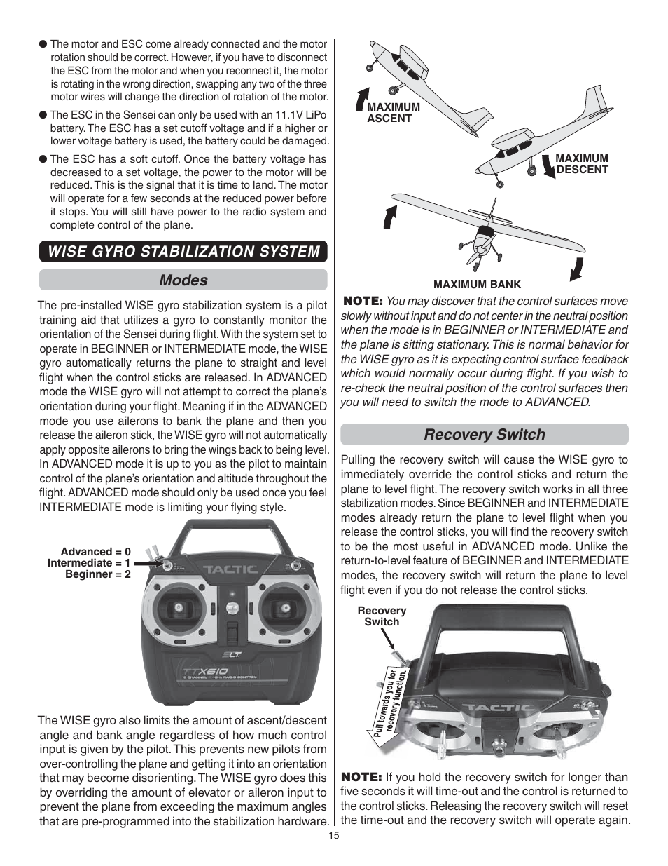 Wise gyro stabilization system modes, Recovery switch | Flyzone FLZA3034 User Manual | Page 15 / 20