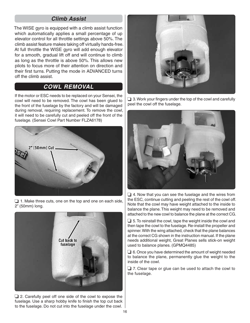 Climb assist, Cowl removal | Flyzone FLZA3034 User Manual | Page 16 / 20