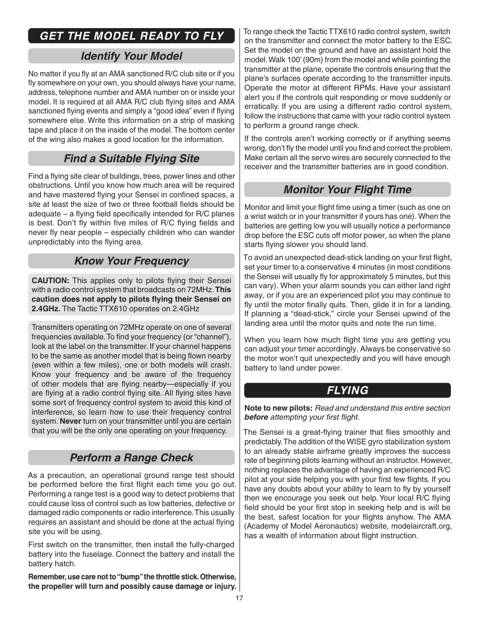 Get the model ready to fly identify your model, Find a suitable flying site, Know your frequency | Perform a range check, Monitor your flight time, Flying | Flyzone FLZA3034 User Manual | Page 17 / 20