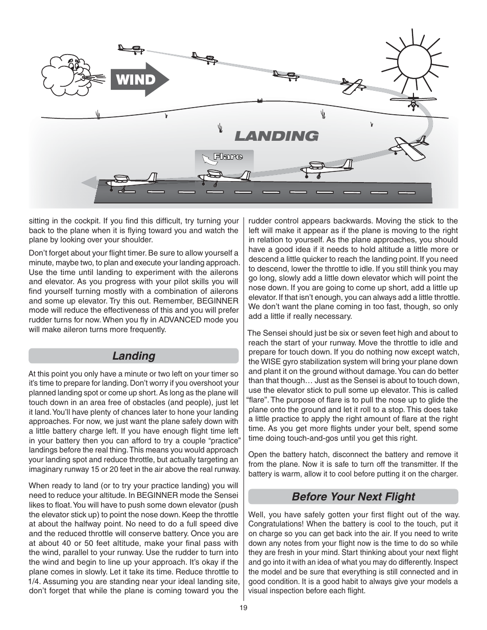 Landing, Before your next flight | Flyzone FLZA3034 User Manual | Page 19 / 20