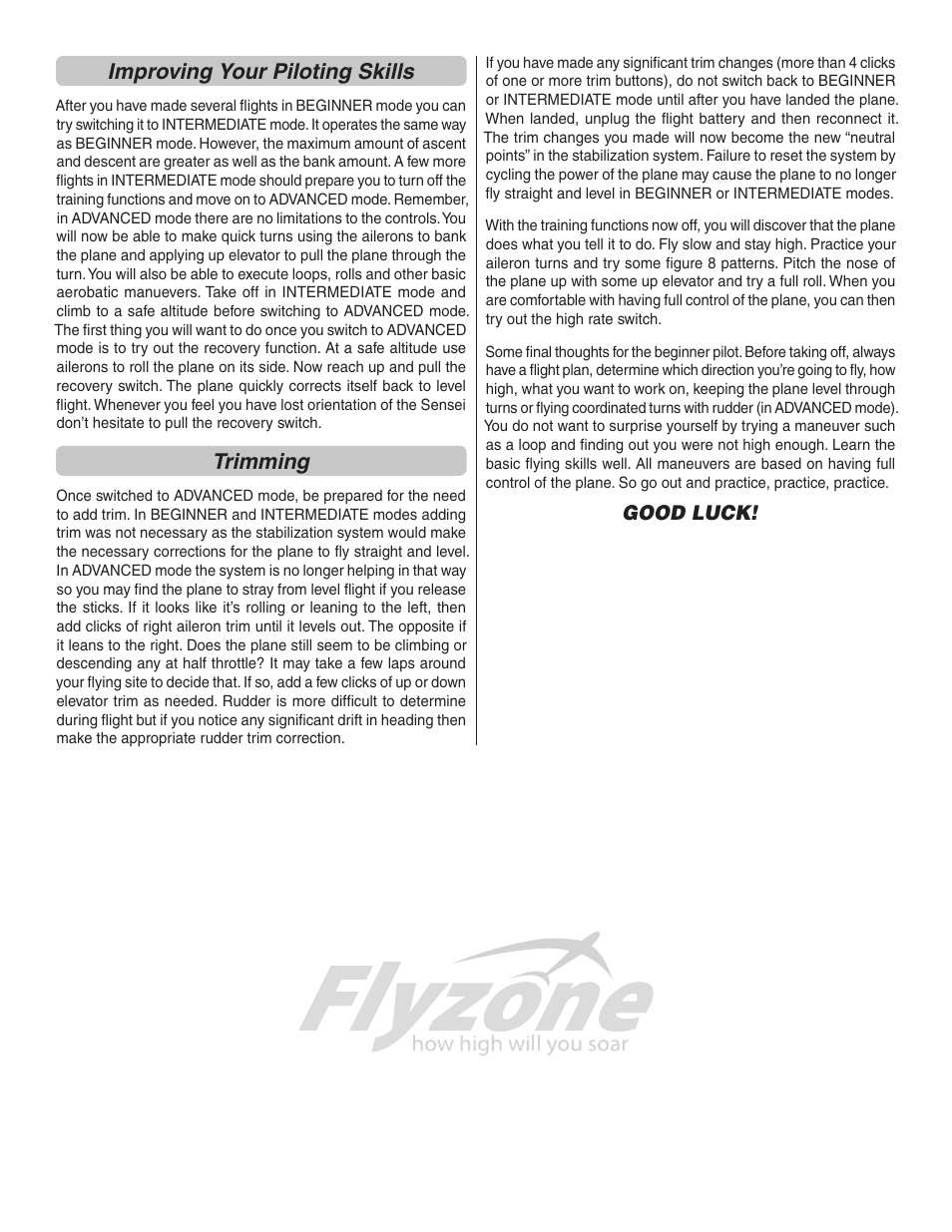 Improving your piloting skills, Trimming, Good luck | Flyzone FLZA3034 User Manual | Page 20 / 20