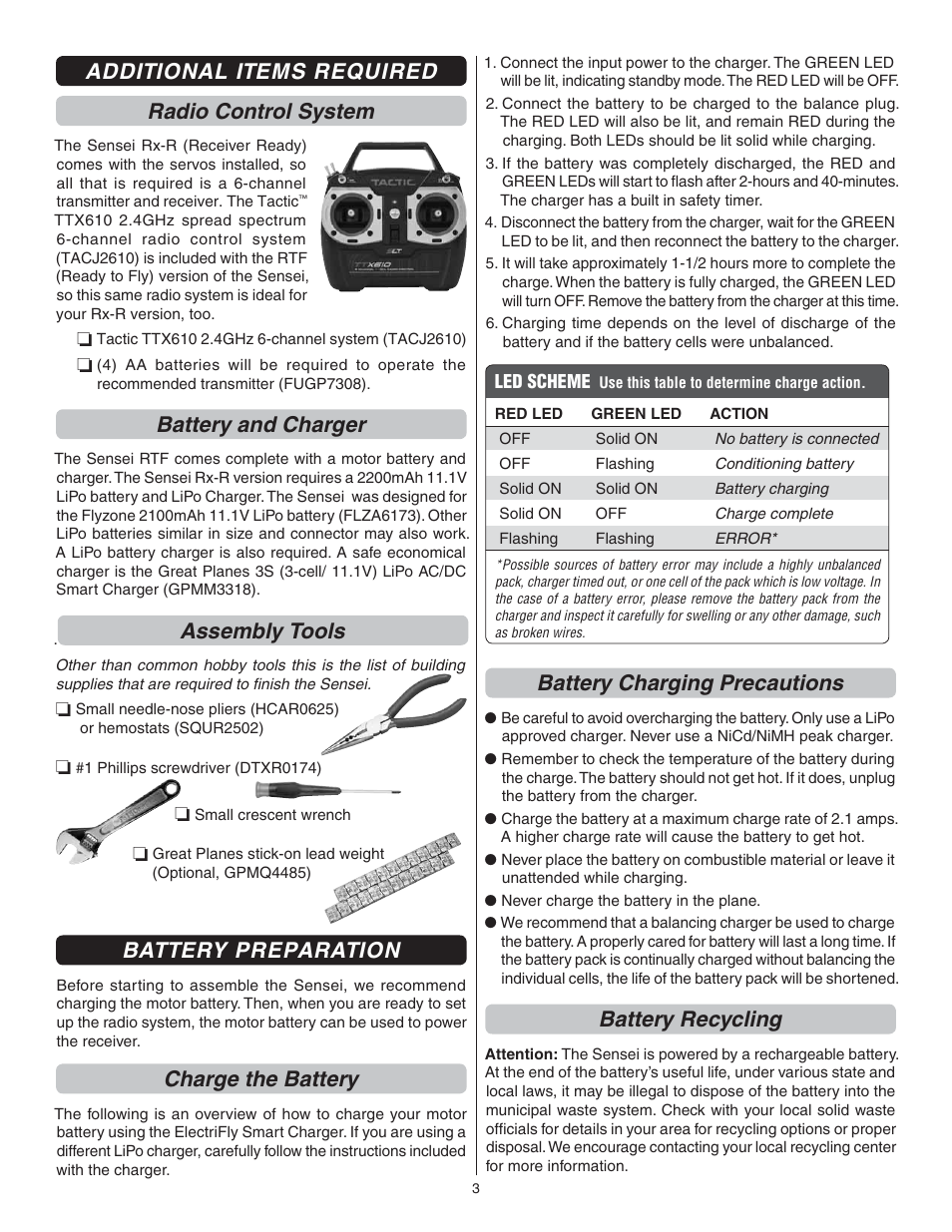 Additional items required radio control system, Battery and charger, Assembly tools | Battery preparation, Charge the battery, Battery charging precautions, Battery recycling | Flyzone FLZA3034 User Manual | Page 3 / 20