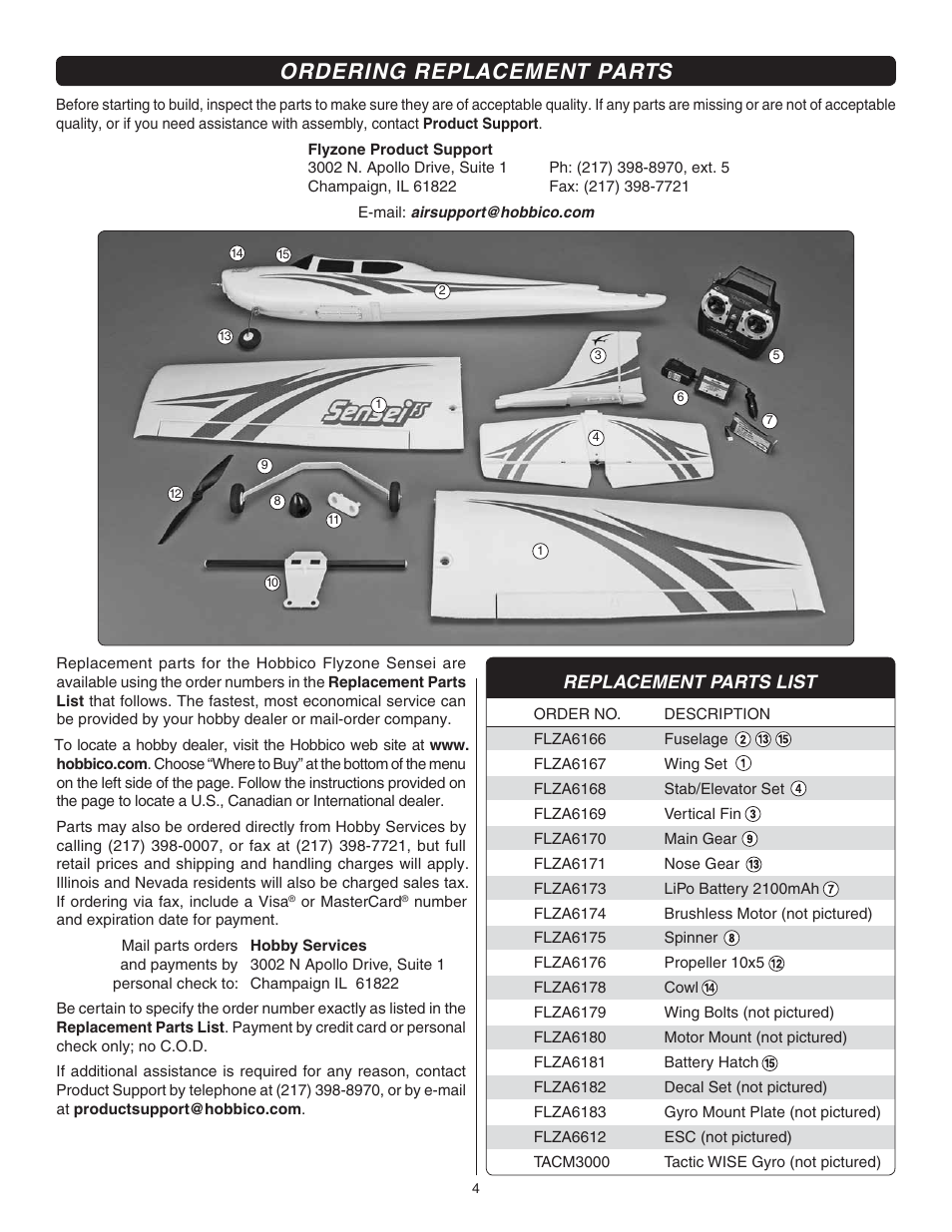 Ordering replacement parts, Replacement parts list | Flyzone FLZA3034 User Manual | Page 4 / 20