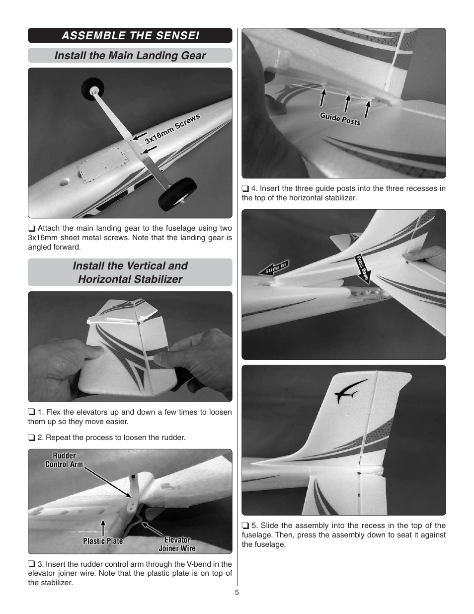 Assemble the sensei install the main landing gear, Install the vertical and horizontal stabilizer | Flyzone FLZA3034 User Manual | Page 5 / 20