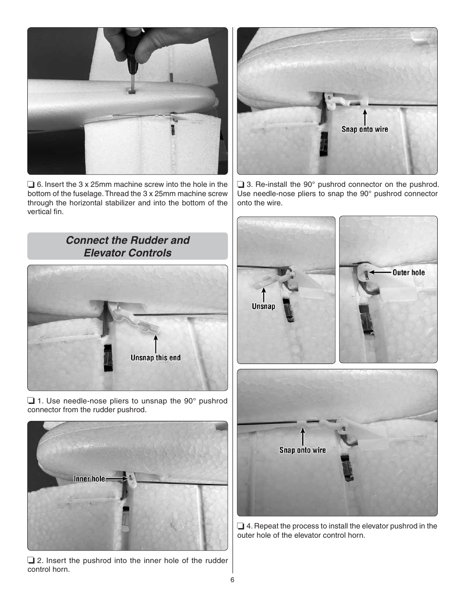 Connect the rudder and elevator controls | Flyzone FLZA3034 User Manual | Page 6 / 20