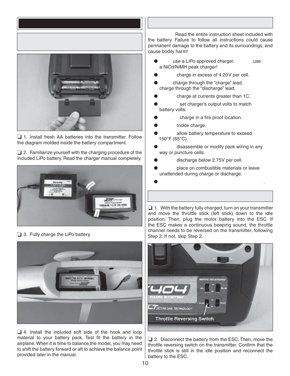 Lithium battery handling & usage, Check the control directions | Flyzone FLZA3300 User Manual | Page 10 / 16