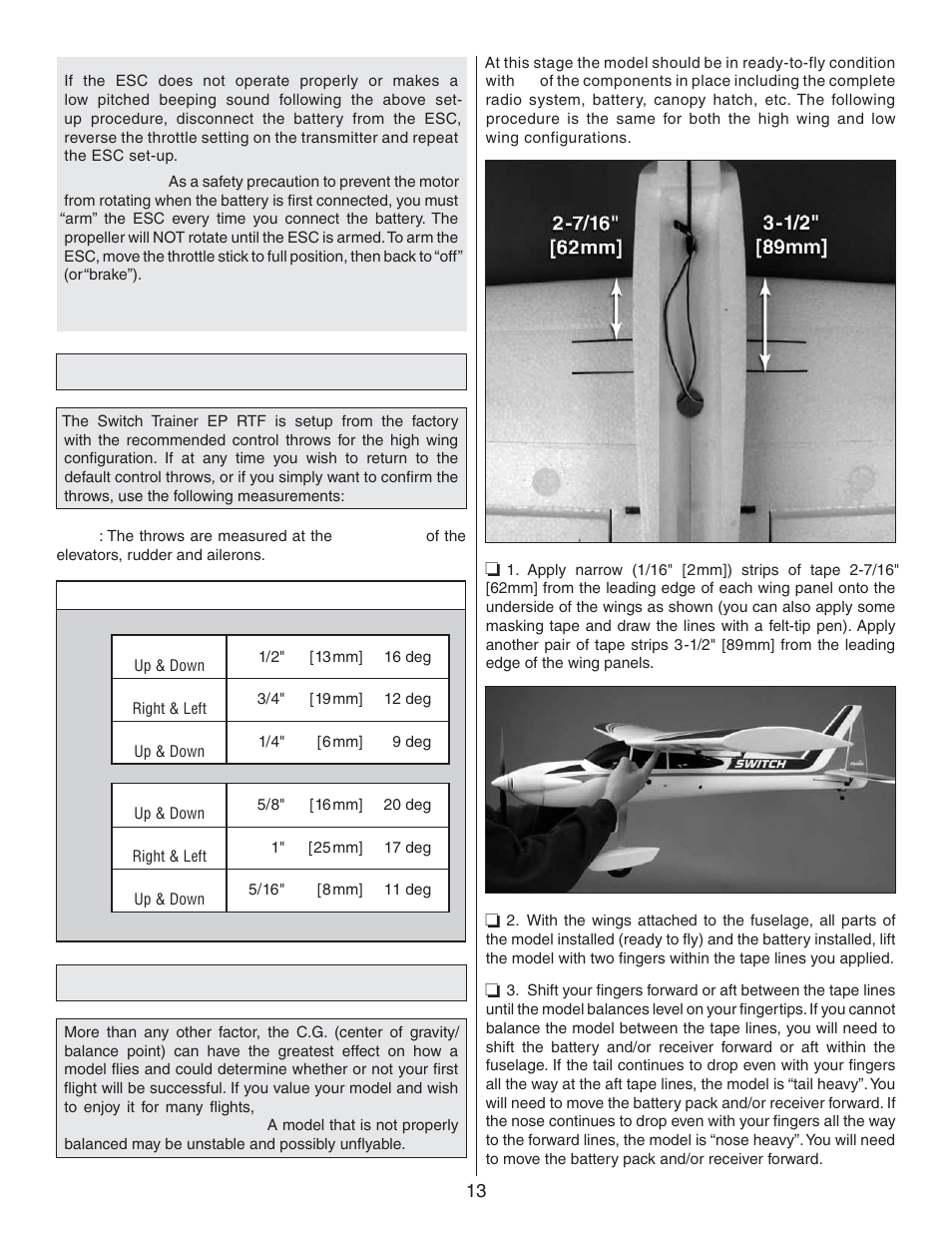 Check the control throws, Balance the model (c.g.) | Flyzone FLZA3300 User Manual | Page 13 / 16