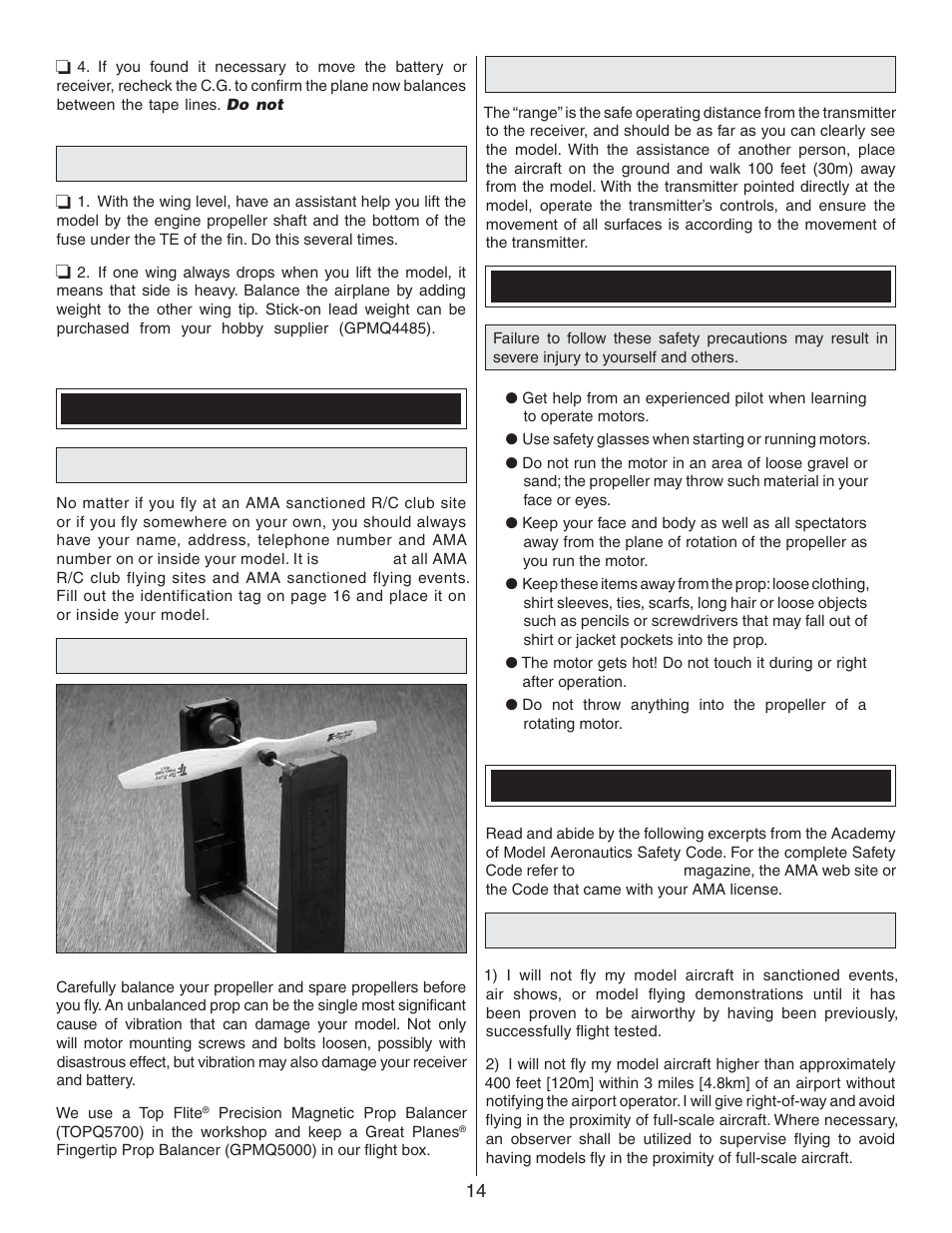 Balance the model laterally, Preflight identify your model, Balance propellers | Range check, Motor safety precautions, Ama safety code (excerpts), General | Flyzone FLZA3300 User Manual | Page 14 / 16