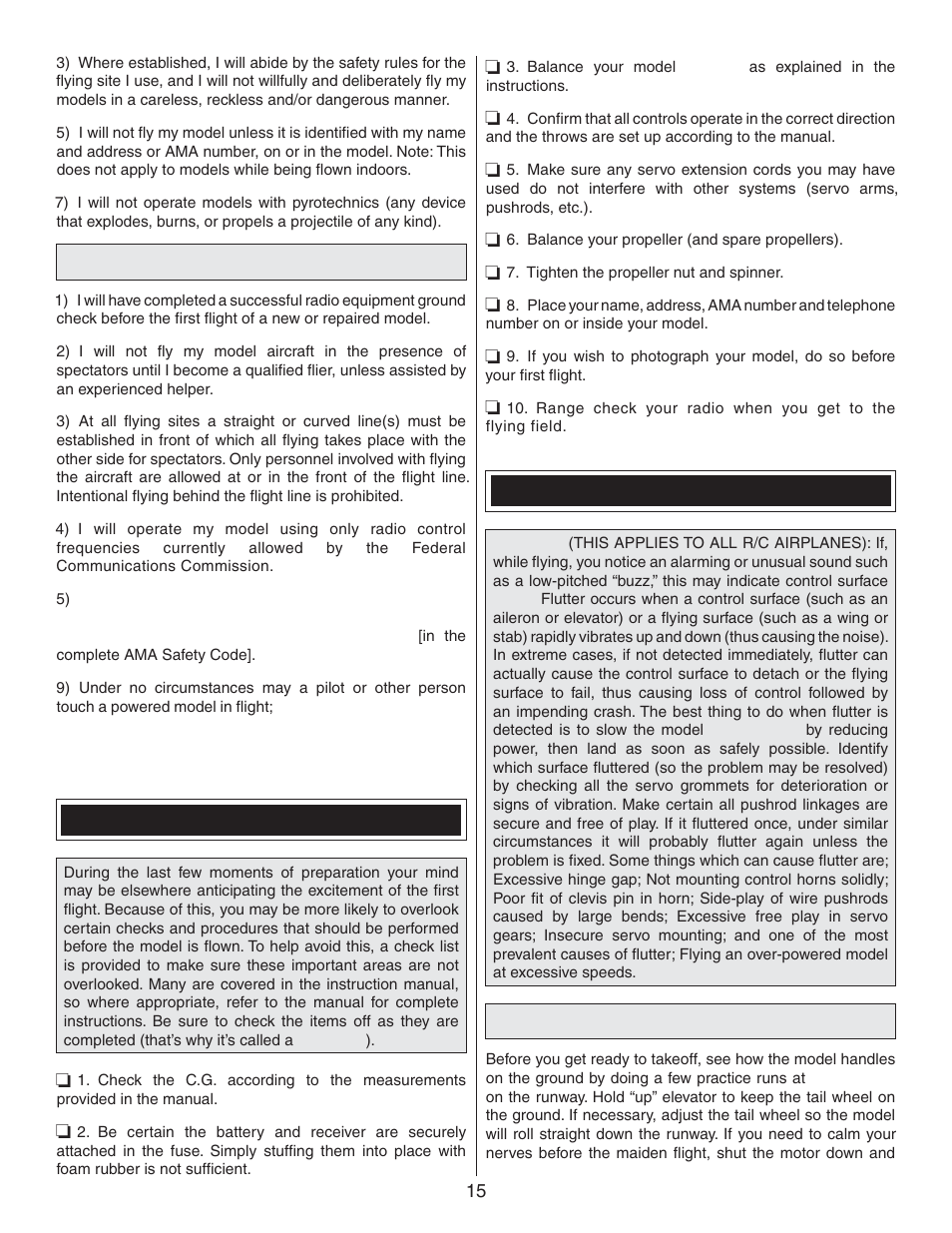 Radio control, Check list, Flying | Takeoff | Flyzone FLZA3300 User Manual | Page 15 / 16