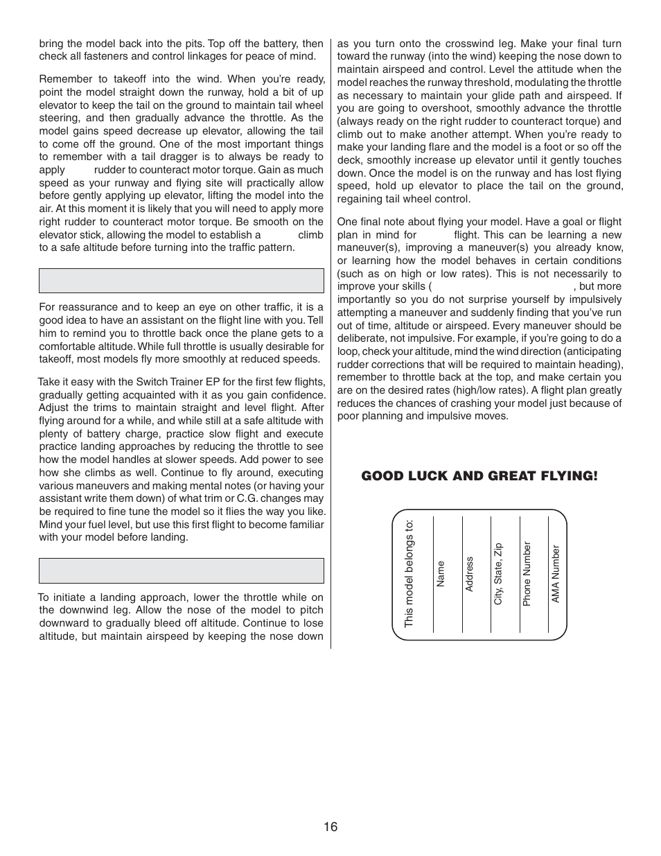 Flight, Landing | Flyzone FLZA3300 User Manual | Page 16 / 16