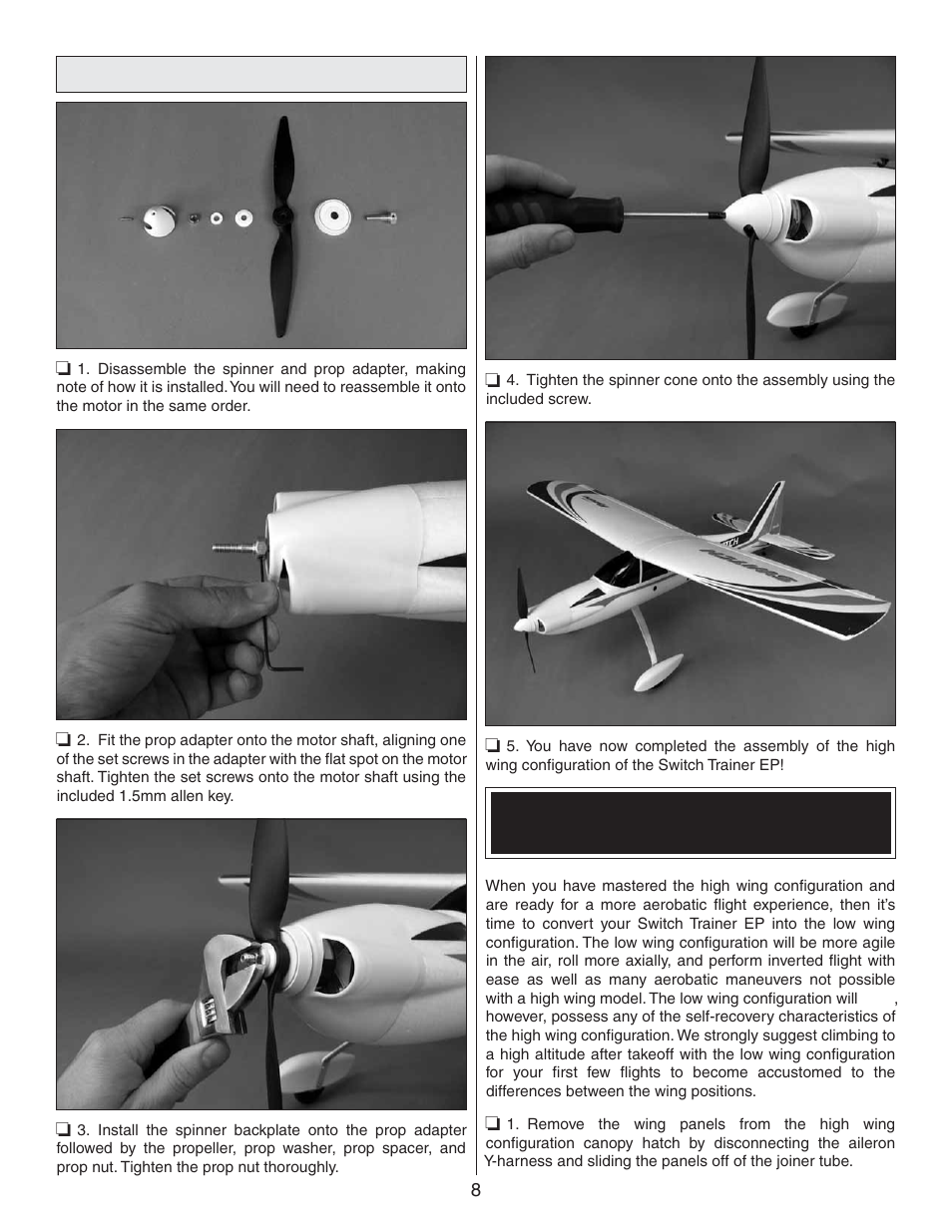 Install the propeller, Changing to the low wing configuration | Flyzone FLZA3300 User Manual | Page 8 / 16